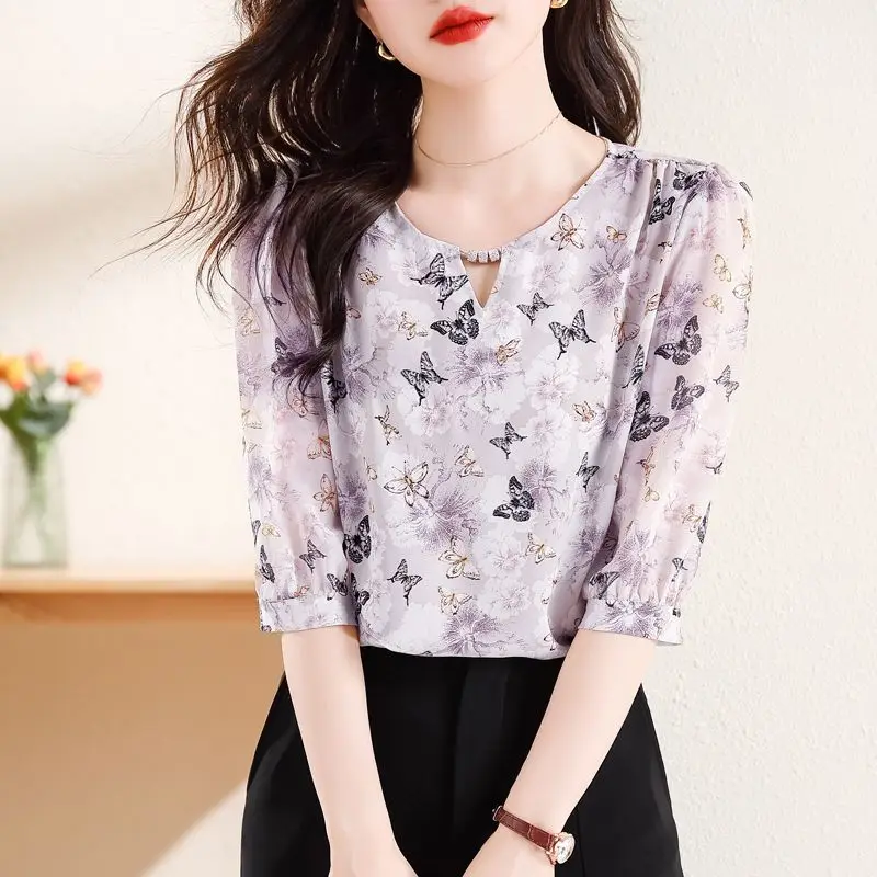 Top Trends: Elegant Fashion Half Sleeve Women's Printed Chiffon Shirt Summer Korean All-match Round Neck Pullovers Blouse Female Clothing Shoppable Styles