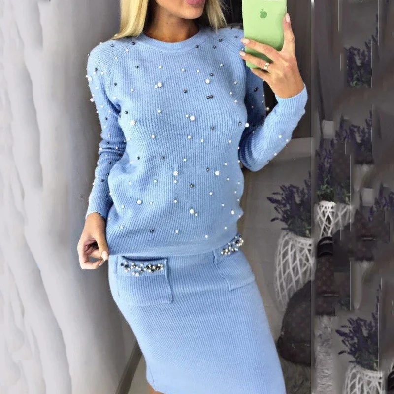 Top Trends: New Winter Autumn Sweater Set For Women O Neck 2 Piece Sets Office Lady Knit Pullover Beading Elastic Waist Skirt Outfits Spring Shoppable Styles