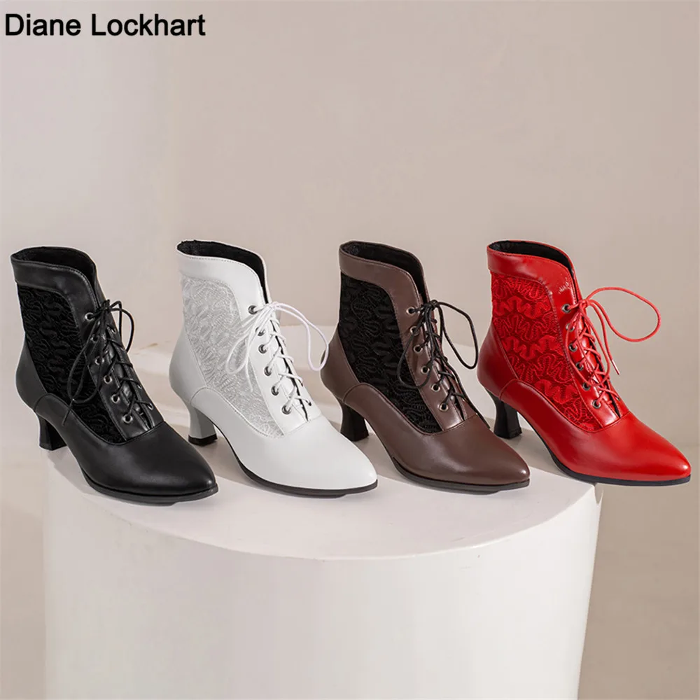 Top Trends: Women Victorian Pointed Toe Ankle Boots Leather Lace Hollow Out Punk Lace Up Strange Steampunk High Heel Shoes Plus Size 32-46 Shoppable Styles