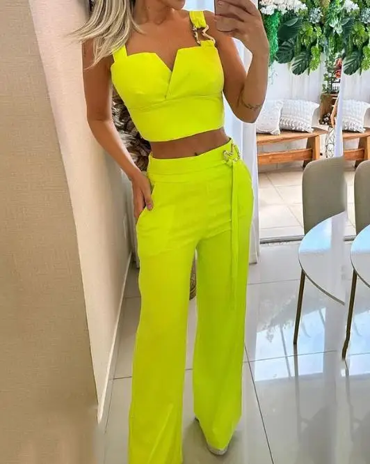 Top Trends: 2 Piece Set Women Outfit Summer New Fashion Casual Sleeveless Square Neck Top & Elegant Loose Wide Leg Pants Trousers Pants Sets Shoppable Styles