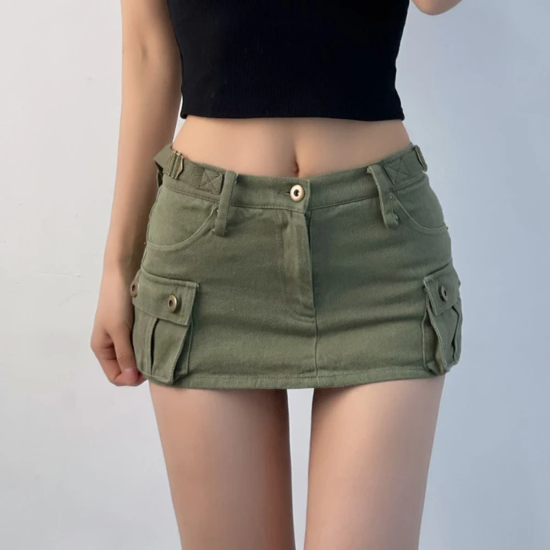 Top Trends: DEEPTOWN Denim Cargo Mini Skirt Women Korean Style Low Waist Slim Sexy Vintage Streetwear Green Jean Skirt Y2k Girl Summer Shoppable Styles