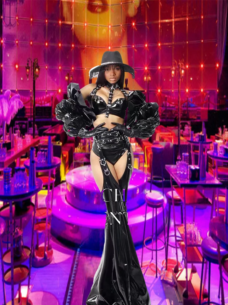 Top Trends: Black Puff Sleeve Formal Hat Crossdressing Patent Leather Glossy Performance Photo Shooting Carnival TV Show Shoppable Styles