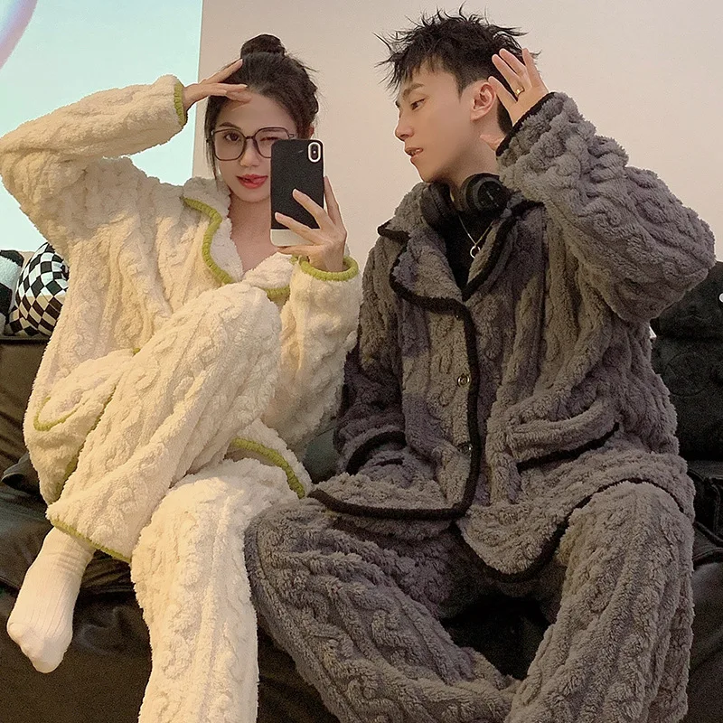 Top Trends: Couple Pajamas Women Winter Warm Pajamas Coral Velvet Sleepwear Thick Fleece Men Pajama Sets Flannel Loungewear Autumn Nightwear Shoppable Styles