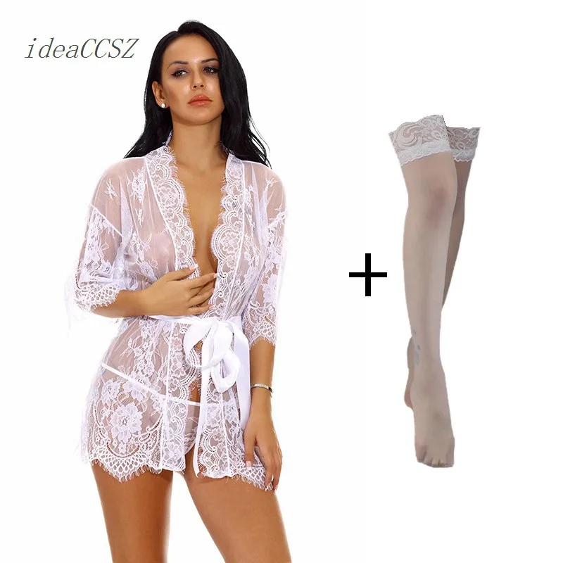 Top Trends: Women's Robe Lace Bridesmaid Gown Sexy Wedding Bathrobe Underwear Wear Ladies Mesh Gauze Nightdress With Stockings Shoppable Styles - Image 5