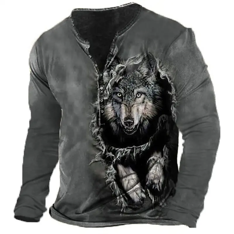 Top Trends: Vintage T-Shirt For Men Graphic T Shirts Wolf Cotton Men&#039;s 3D Printed Henley Shirt Long Sleeve Oversized Tee Male Clothing Tops Shoppable Styles