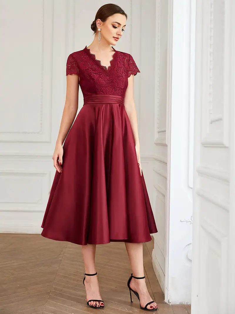 Top Trends: Elegant Evening Dresses Short Sleeves V-neck Lace Knee-Length 2024 A-line Waist Retraction Burgundy Cocktail Dresses Shoppable Styles