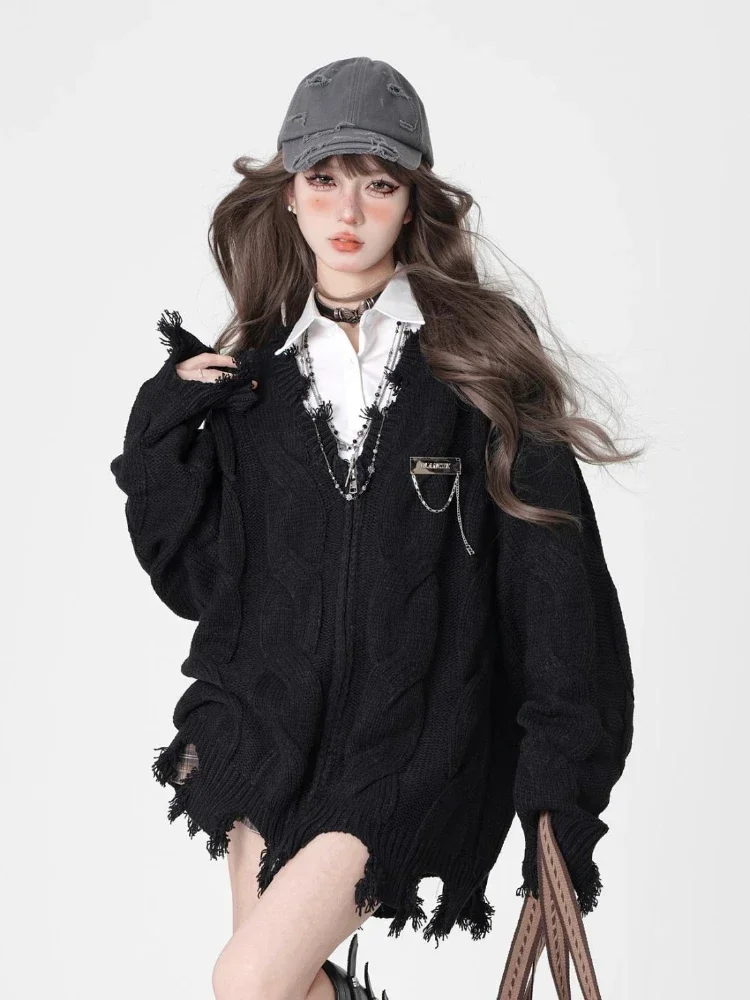 Top Trends: Deeptown Y2K Gothic Black Twist Knitted Cardigan Women Harajuku Vintage Zipper Oversized Sweater Grunge Hollow Out Tops Korean Shoppable Styles - Image 2