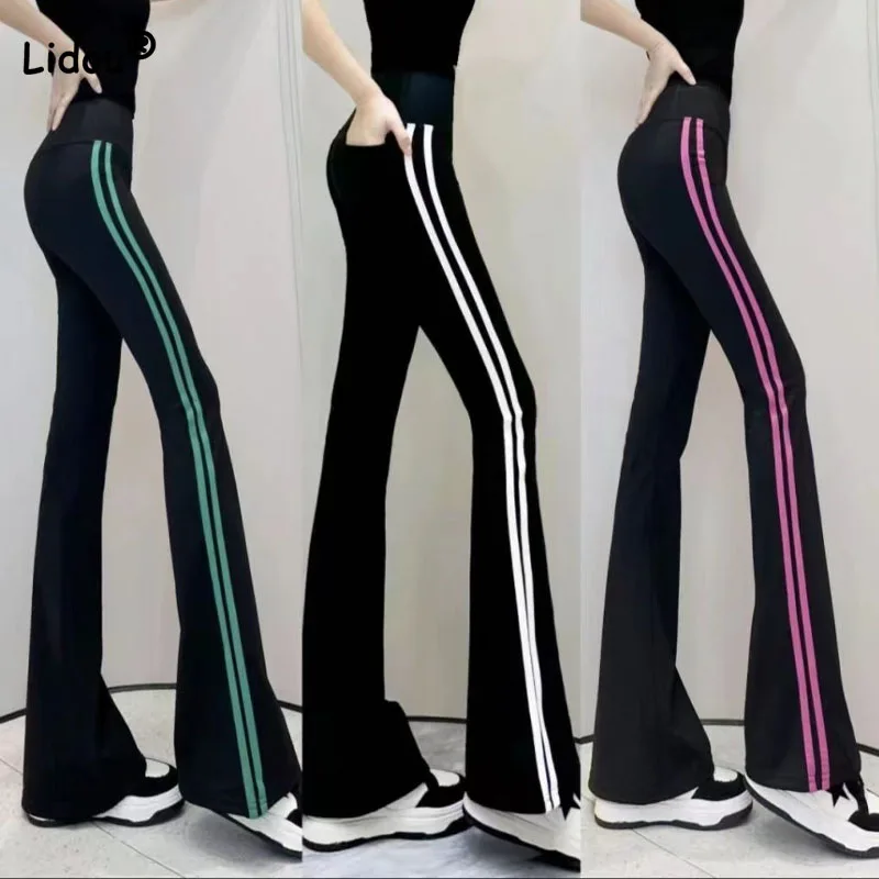 Top Trends: Fashion Casual Striped Spliced Elastic Flare Pants Summer Women&#039;s Clothing Korean All-match High Waist Slim Trousers Female Shoppable Styles