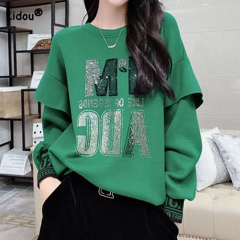 Top Trends: Fashion Fake Two Pieces Letter Diamonds Tops Women's Clothing Korean Loose Round Neck Solid Color Sweatshirts Spring Autumn Shoppable Styles