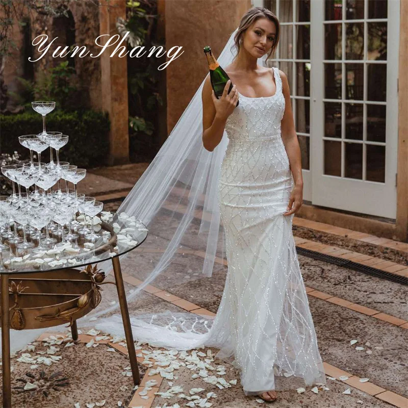 Top Trends: Yunshang Luxury Mermaid Wedding Dresses Women Open Back Lace Square Collar Spaghetti Straps Bridal Gown Train Vestidos De Novia Shoppable Styles