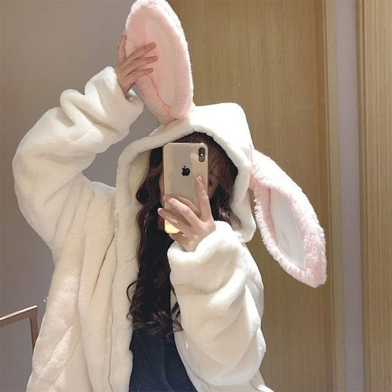 Top Trends: HOUZHOU Japanese Fashion Kawaii Hooded Sweatshirts Harajuku Zip Up Hoodie Faux Lamb Fleece Pullover Bunny Ears Oversized Hoodie Shoppable Styles