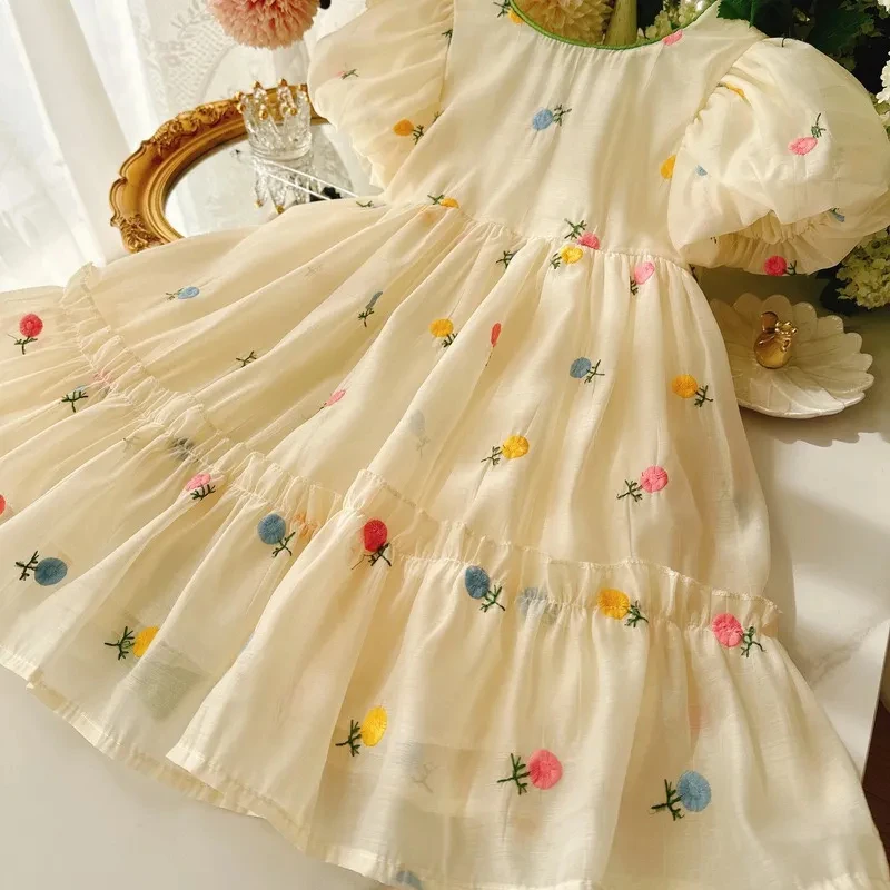 Top Trends: Girls Princess Dress Summer Beige Elegant Princess Dress With Green Bow Kids Birthday Party Clothes 4-10 Years Old Shoppable Styles - Image 2