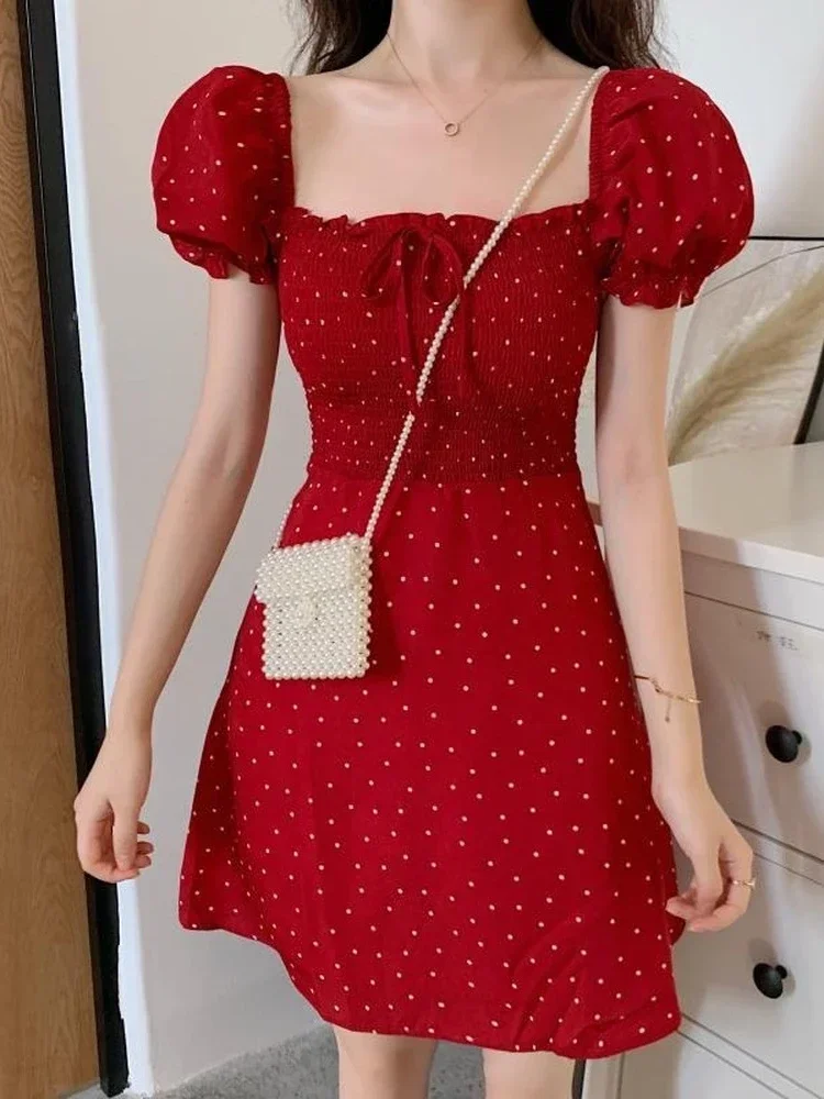 Top Trends: QWEEK 2023 Summer Polka Dot Red Mini Dress Women Casual Puff Sleeve Short Dresses Korean Fahsion Square Collar Robes Female Shoppable Styles