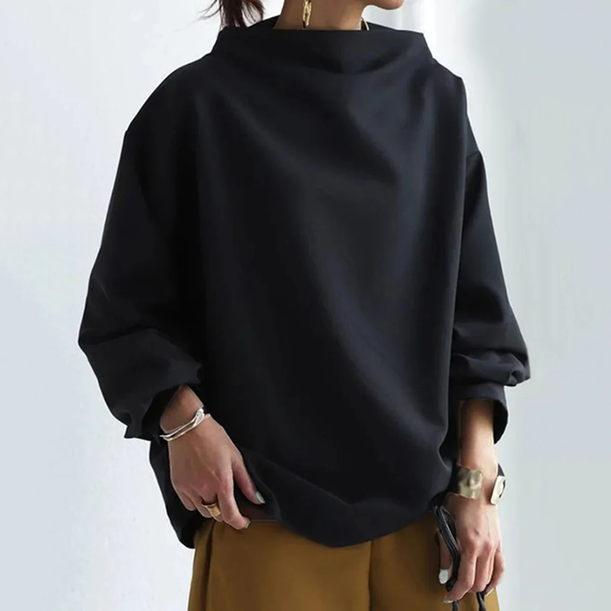 Top Trends: Uoozee 2024 Spring Female Tops Fashion Casual Solid Color High-Neck Long Sleeves Cotton Black Shirts For Women Shoppable Styles