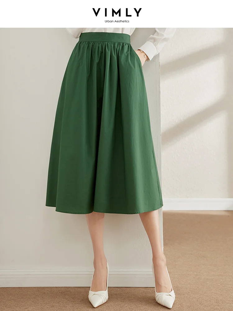 Top Trends: Vimly A-line Midi Green Skirts For Women 2023 Spring Autumn Korean Fashion 100% Cotton Elastic Waist Pockets Swing Skirt V7768 Shoppable Styles