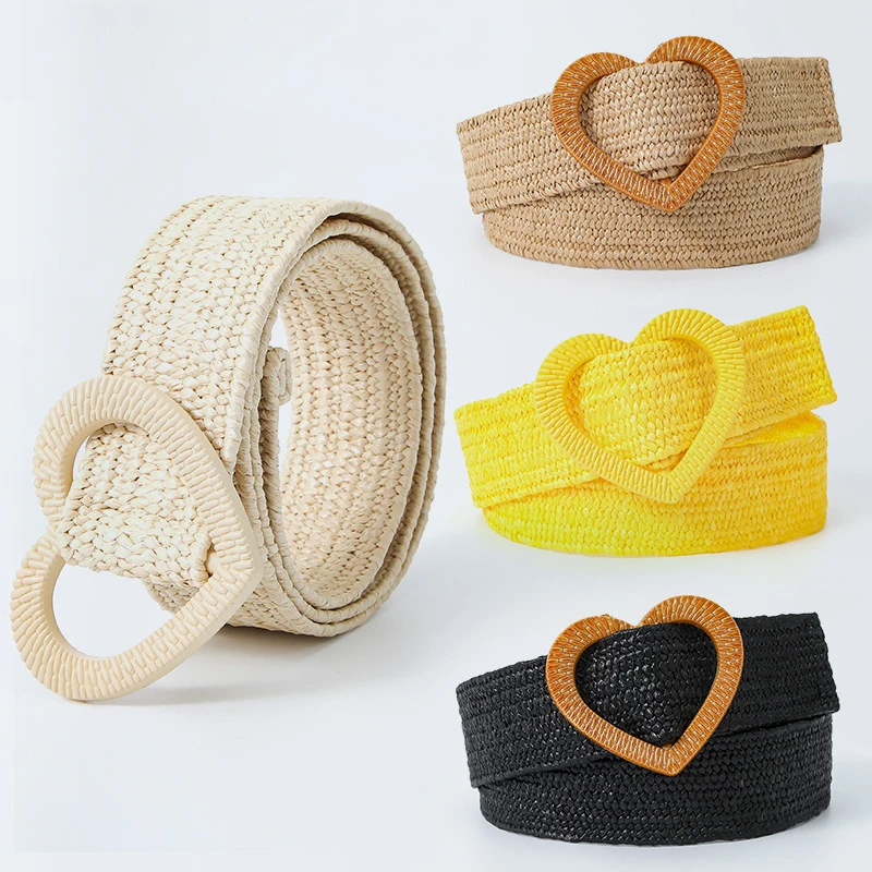 Top Trends: New Women Straw Braided Belts Heart Buckle PP Grass Woven Waist Belt Bohemian Style Elastic Wide Waistabnd Dress Decorative Belt Shoppable Styles