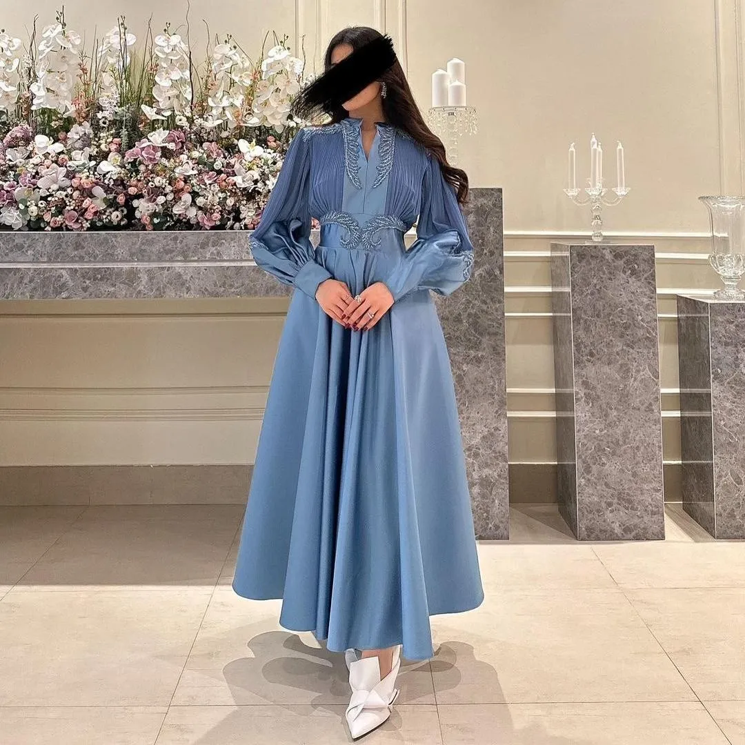 Top Trends: Lovestory V Neck Saudi Arabia Party Dresses Women Wear Prom Beaded Long Sleeves Robe De Soiree Ruched Ankle Length Evening Gowns Shoppable Styles - Image 2