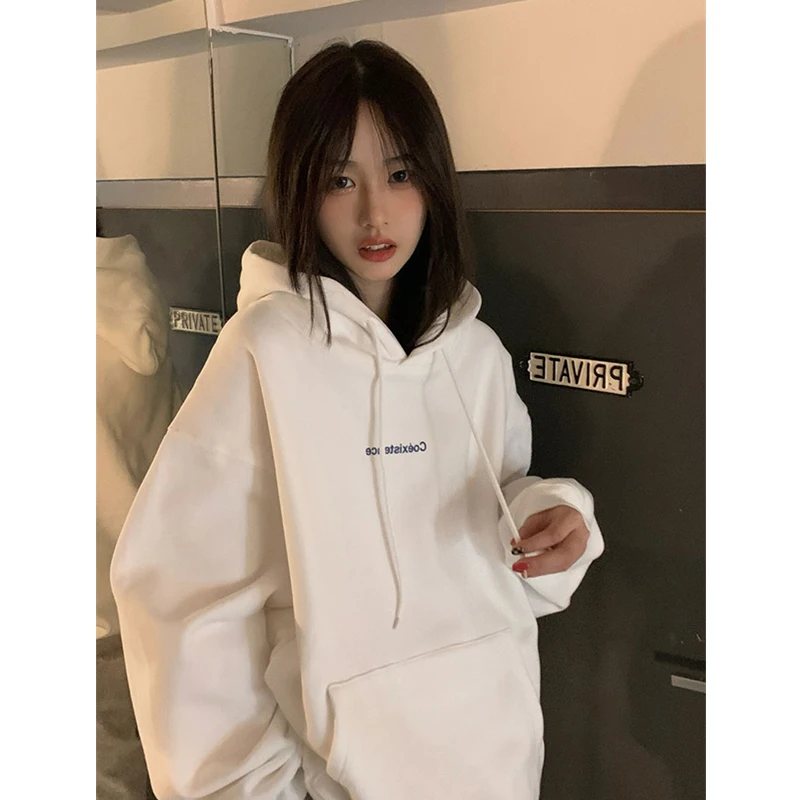 Top Trends: Fashion Dark Grey Hoodie Fleece Thicken Sweatshirt Long Sleeve Korean Letter Printing Baggy Female Tops Pullover Hoodie Autumn Shoppable Styles - Image 5