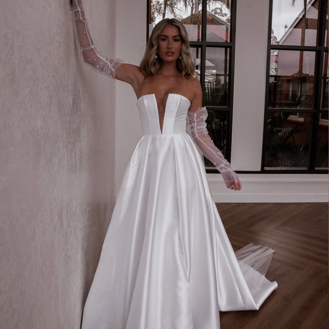 Top Trends: Simple Sexy Wedding Dress For Woman A-Line Strapless Side Split Bridal Gown Sweep Train Sleeveless Robe De Mariée Custom 2024 Shoppable Styles