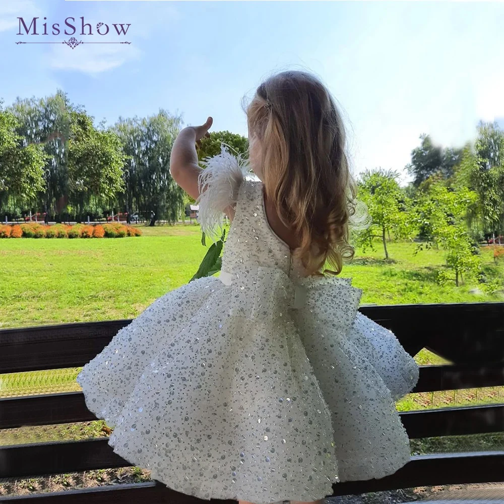 Top Trends: MisShow 2-14 Years Glitter Beads Flower Girl Dresses White Children&#039;s Feather Bow Wedding Party Princess Ball Gown Communion Kid Shoppable Styles