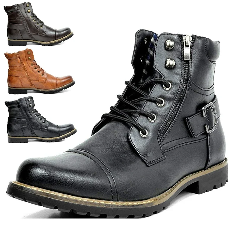 Top Trends: Men Boot Metal Double Zipper Motorcycle Boots Men Leather Casual Ankle Boots Botas Tacticas Hombre Militar Zapatos Para Hombres Shoppable Styles