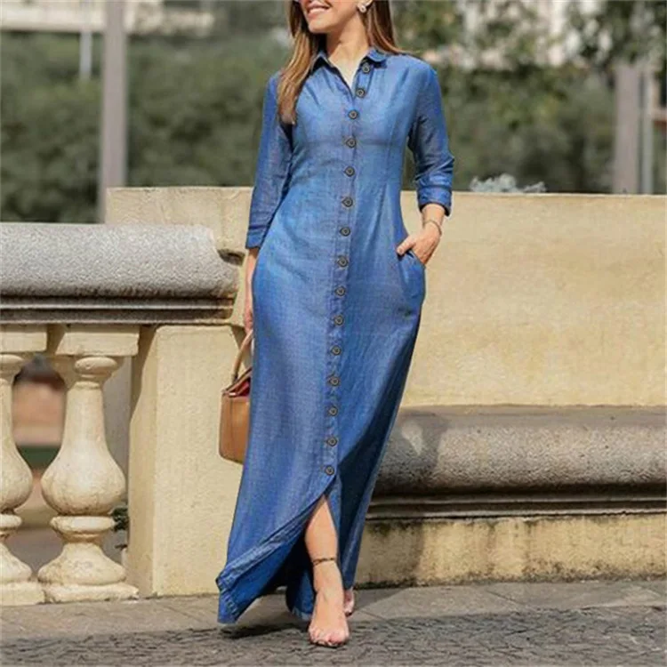 Top Trends: 2023 Autumn Elegant Women's Denim Dress Long Sleeve Buttons Shirt Long Dress Female Fashion New Elegant Casual Ladies Clothes Shoppable Styles