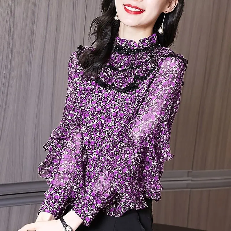 Top Trends: Vintage Broken Flowers Printed Shirt Female Clothing Stand Collar Lace Spring Autumn Long Sleeve Stylish Ruffles Spliced Blouse Shoppable Styles