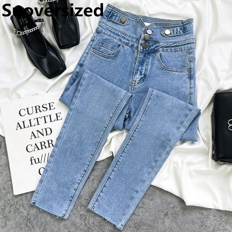 Top Trends: Women's Super High Waist Ankle-length 90cm Pencil Jeans Fashion Streetwear Multiple Buckles Pants Slim Stretch Skinny Vaqueros Shoppable Styles