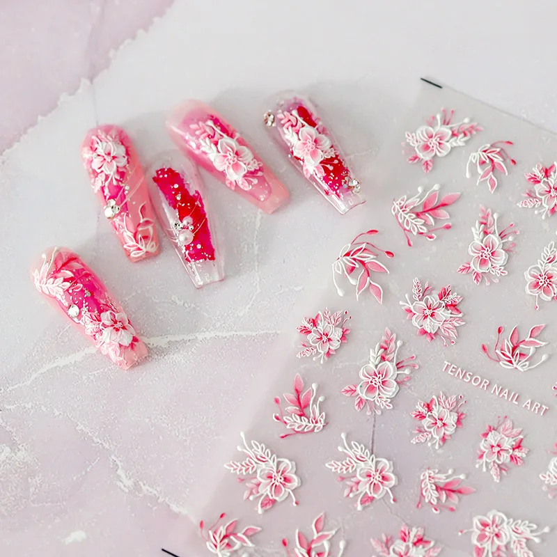 Top Trends: Acrylic Engraved Nail Sticker Pink Flowers White Line Self-Adhesive Nail Transfer Sliders Wraps Manicures Foils Z0662 Shoppable Styles