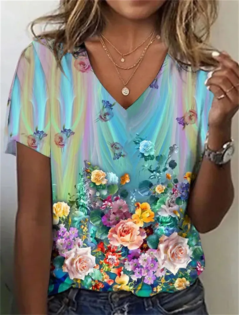 Top Trends: Fashion Women&#039;S T-Shirt 3d Flowers Print Clothing V-Neck Short Sleeve Tops Summer Harajuku Ladies Pullover Oversized Female Tees Shoppable Styles