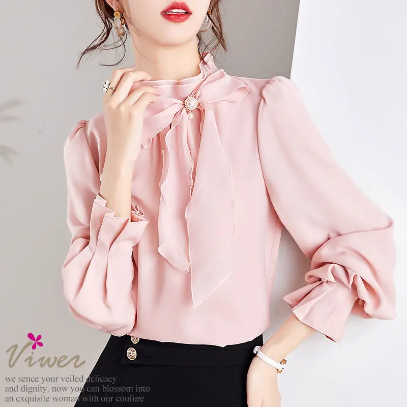 Top Trends: Office Lady 2023 Spring Autumn Solid Color All-match Stand Collar Blouse Fashion Bow Three-dimensional Decoration Ruffles Shirt Shoppable Styles