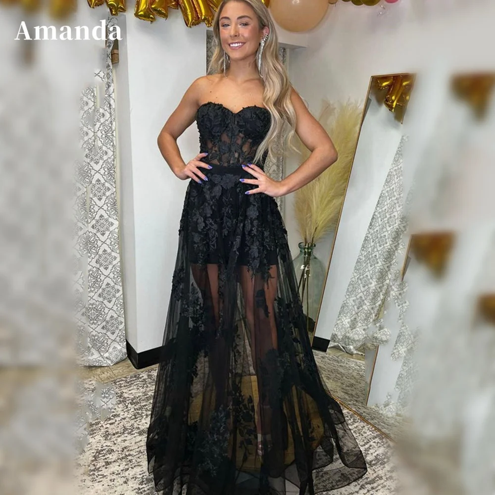 Top Trends: Amanda Black Lace Embroid Evening Dress Sweetheart Prom Dress 2023 Transparent A-line Party Dress فساتين مناسبة رسمية Shoppable Styles