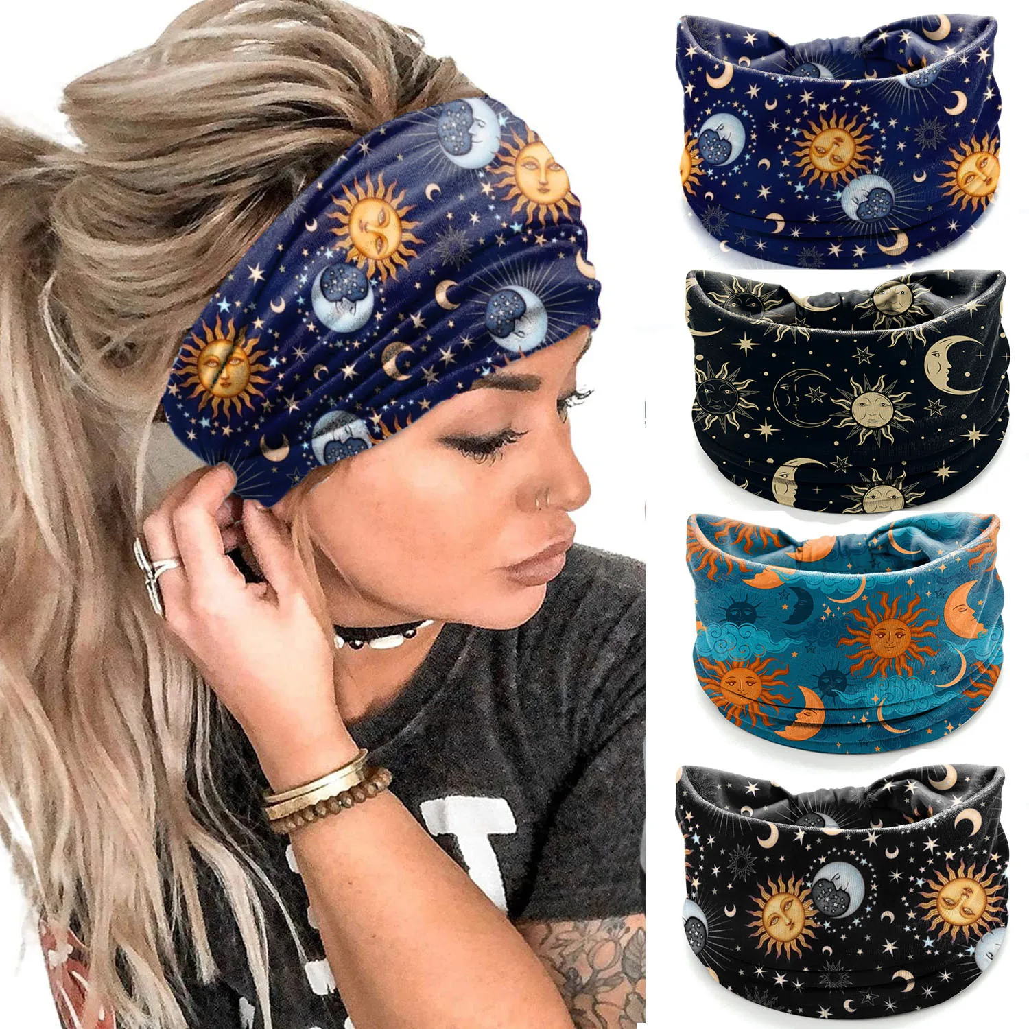 Top Trends: Boho Cotton Wide Headband For Women Starry Sky Moon Print Turban Headwrap Knot Hairband Bandana Girls Hair Accessories Shoppable Styles