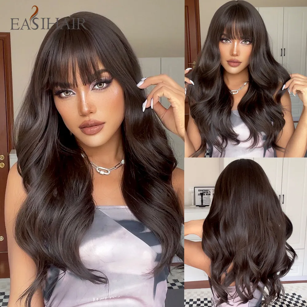 Top Trends: EASIHAIR Long Brown Black Wavy Synthetic Wigs With Bang Natural Wave Hair Wig For Black Women Daily Cosplay Heat Resistant Fiber Shoppable Styles