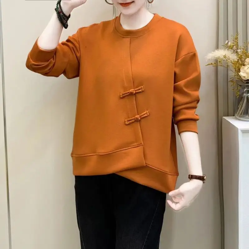 Top Trends: 2023 New Spring And Autumn Atmosphere Luxury Retro Art Round Neck Plate Buckle Solid Color Simple Loose Oversized Style Sweater Shoppable Styles