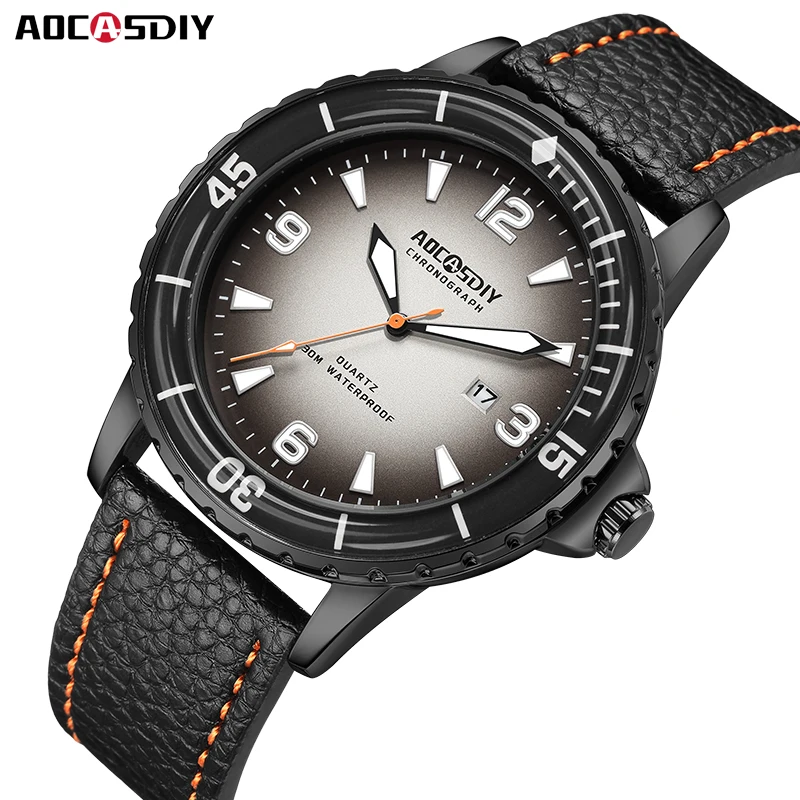 Top Trends: 22mm High Quality Leather Strap Casual Watch For Men Diving Sports Watch Luminous Date Quartz Wrist Watch Waterproof Man Clock Shoppable Styles