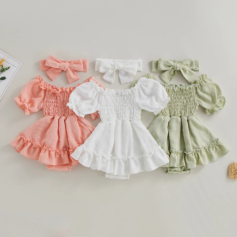 Top Trends: Infant Baby Girls Romper Dress Dot Pattern Elastic Boat-Neck Ruffle Puff Sleeve Ruched Jumpsuits Skirts Bodysuits With Headband Shoppable Styles