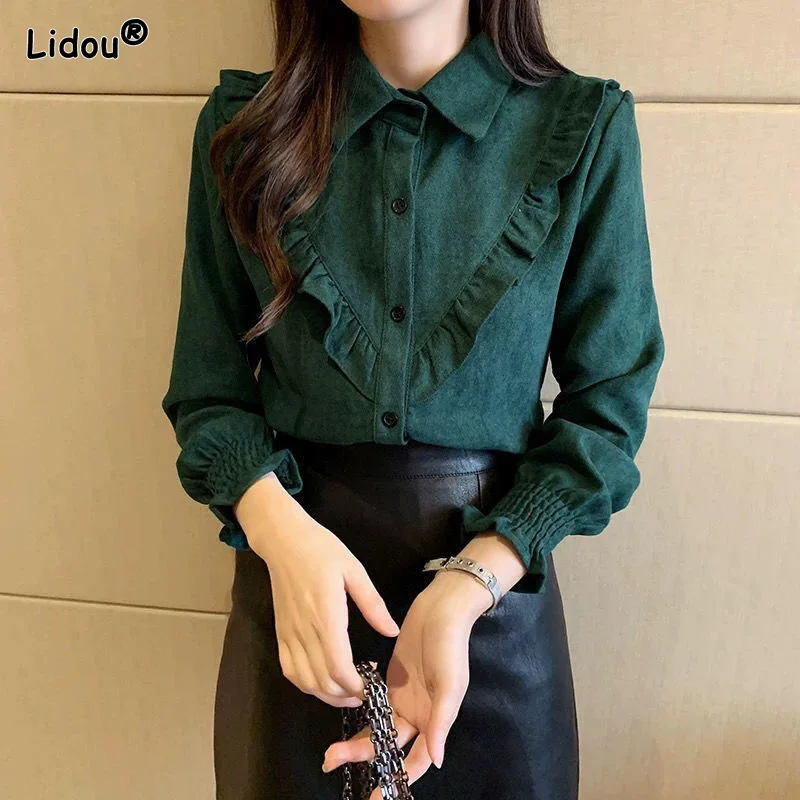 Top Trends: Solid Thin Sweet Blouses Ruffles Patchwork Button Turn-down Collar Pleated Vintage Temperament Autumn Winter Women's Clothing Shoppable Styles