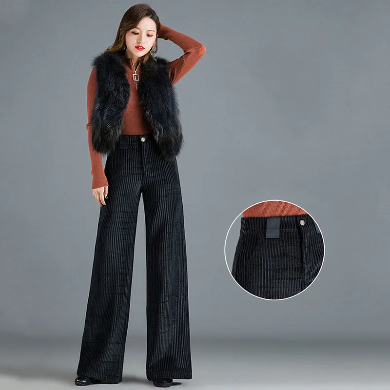 Top Trends: Korean Autumn Winter Fashion Pleuche Straight Pants New Solid All-match Women Elastic High Waist Loose Casual Wide Leg Trousers Shoppable Styles - Image 4