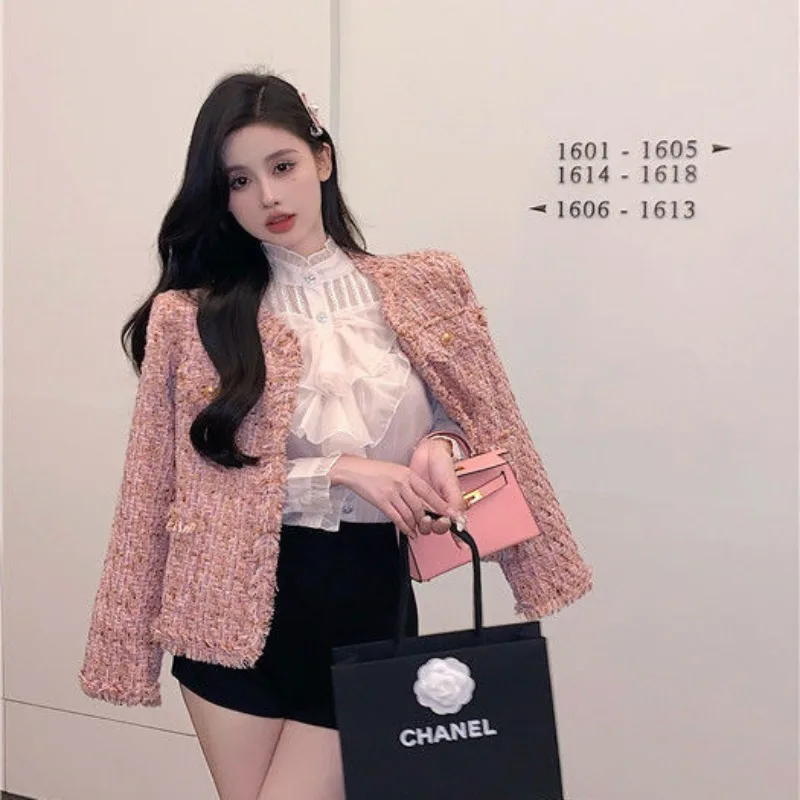 Top Trends: New Autumn Winter Vintage Pink Tweed Weave Jacket Coat Women Small Fragrance Korean Tassel Woollen Coats Elegant Outerwear Shoppable Styles