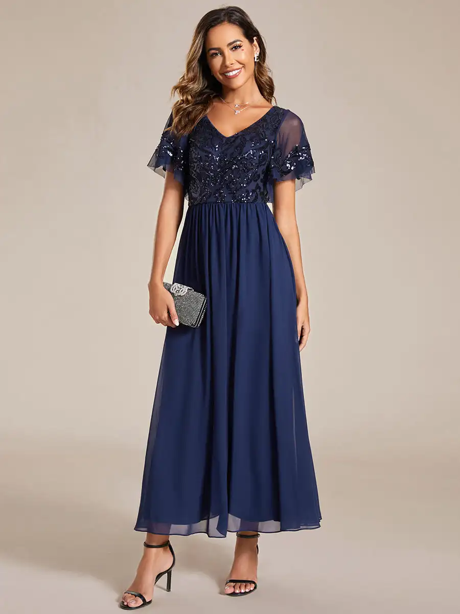 Top Trends: Simple Evening Dresses Short Ruffles Sleeves V Neck Knee-Length 2024 Of A-line Silhouette Navy Blue Mother Of The Bride Dress Shoppable Styles