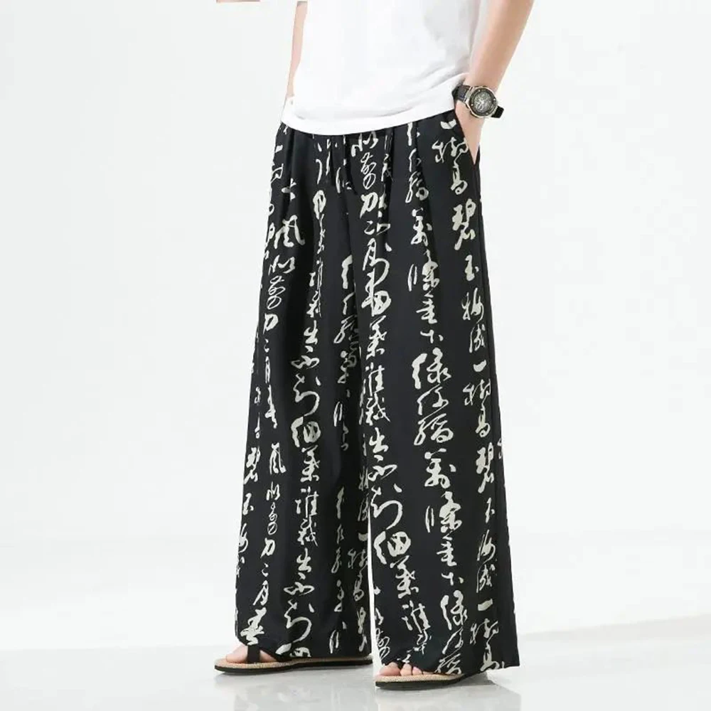 Top Trends: Men Chinese Style Printed Characters Wide Leg Pants Summer Fashion Sports Baggy Tide Trousers Darkwear Letter Streetwear Unisex Shoppable Styles