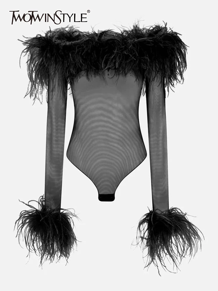 Top Trends: TWOTWINSTYLE Solid Patchwork Feathers Bodysuit For Women Slash Neck Long Sleeve High Waist Sexy Slimming Bodysuits Female New Shoppable Styles