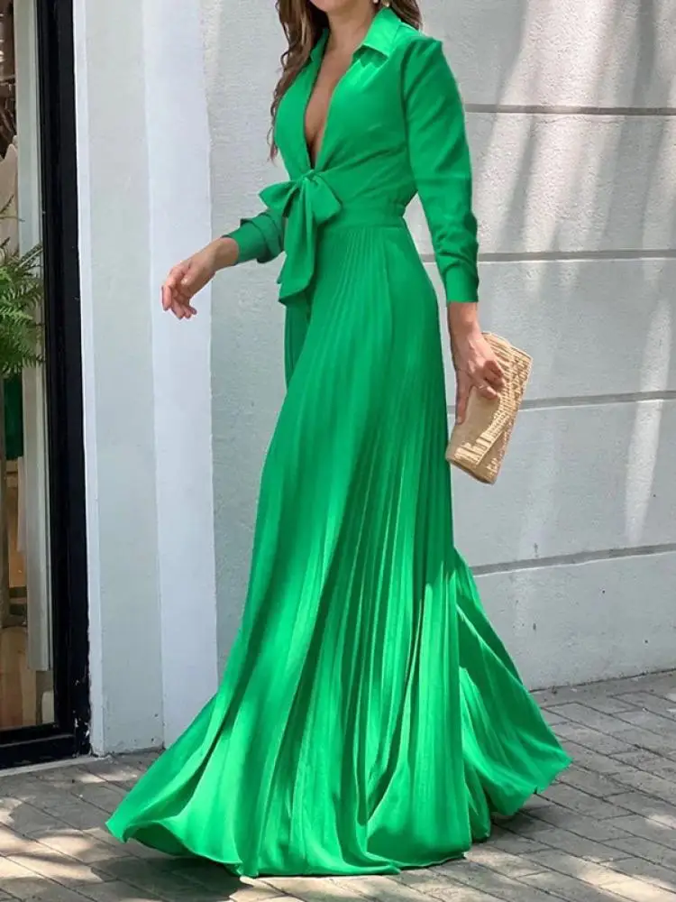 Top Trends: Onecozyday Women Solid Color Jumpsuit Lapel Collar Long Sleeves Lace Up Waist Wide Leg Pleated Pants Skirt Floor Length Dresses Shoppable Styles