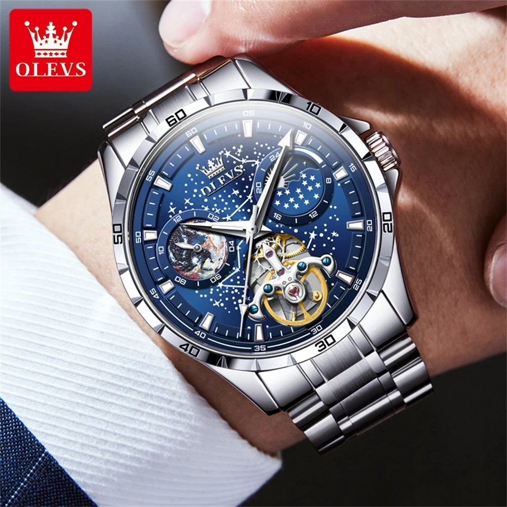 Top Trends: OLEVS Fashion Starry Sky Dial Mechanical Watch For Men Stainless Steel Waterproof Automatic Moon Phase Tourbillon Watches Mens Shoppable Styles - Image 6