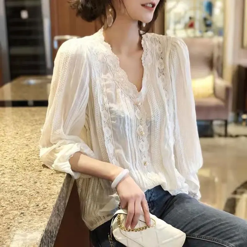 Top Trends: Fairy Wind Solid Color Lace Spliced Shirt Spring Autumn Long Sleeve Women's Hollow Out Chic Pearl Button Korean V-Neck Blouse Shoppable Styles