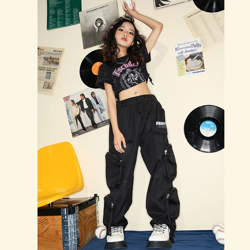 Top Trends: Girls' Hip-Hop Dance Attire Big Pockets Cargo Pants And Vintage Black T-Shirt Jazz Performance Clothing For Girls' Dance Shoppable Styles