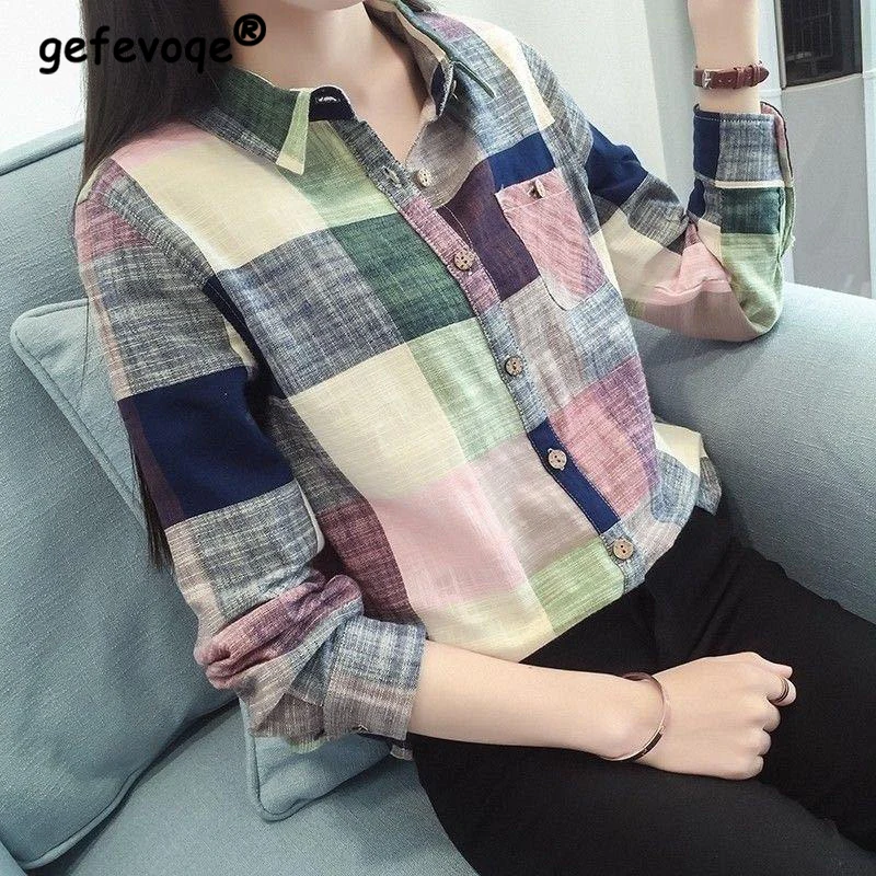 Top Trends: Spring Autumn Vintage Plaid Print Button Up Casual Shirts Ladies Polo-neck Elegant Fashion Top Women All-match Pullover Blouse Shoppable Styles