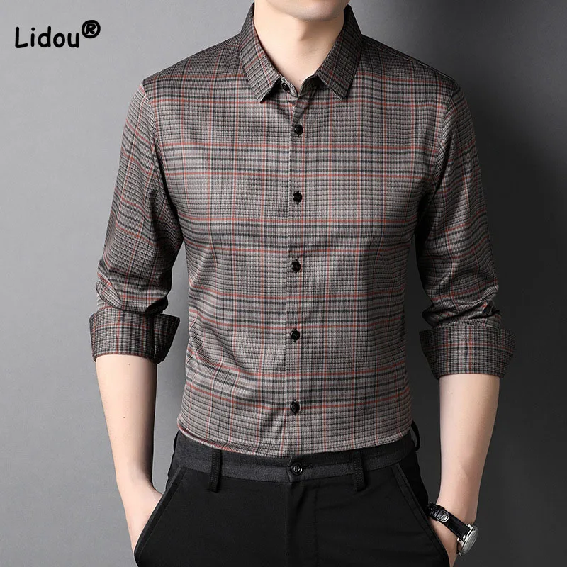 Top Trends: Autumn Winter Fashion Casual Plaid Long Sleeve Shirt Male Clothes 2023 Business Office Polo-Neck Single-breasted Shirts For Men Shoppable Styles