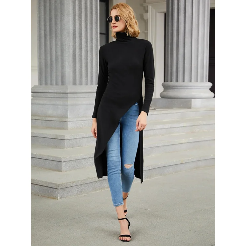 Top Trends: Freeacy Adult Female Solid Color Long Sleeves High Neck Slim Fit T-shirt 2023 Spring Summer New Split-Side Tops For Women Shoppable Styles